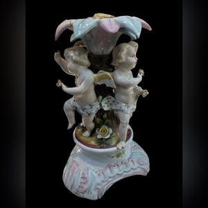 Antique Sitzendorfer Ceramic Kids Playing Candlestick  Figure  1850 - 1880